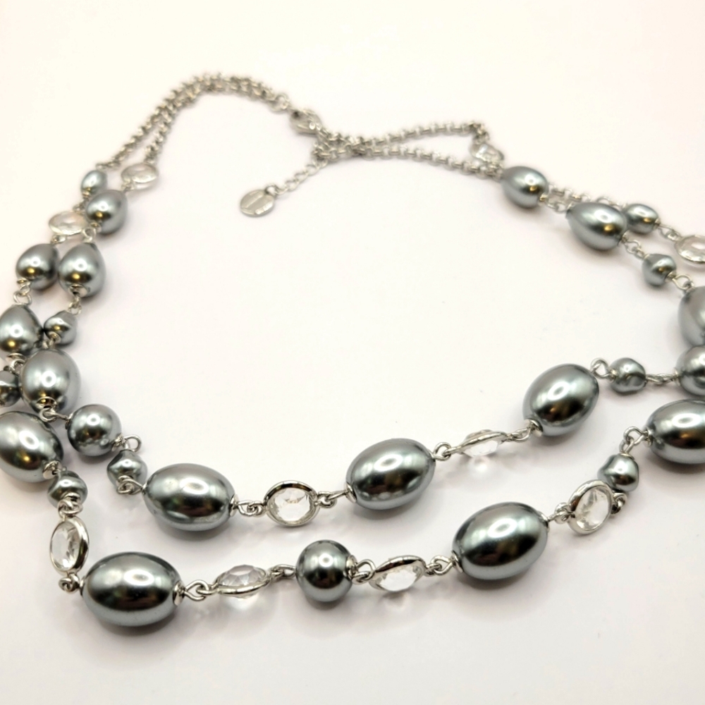Talbots double strand silver heavy oval bead necklace bezel set clear rhinestone